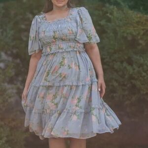 JessaKae Light Blue Floral Midi Dress with Pink and Green Accents